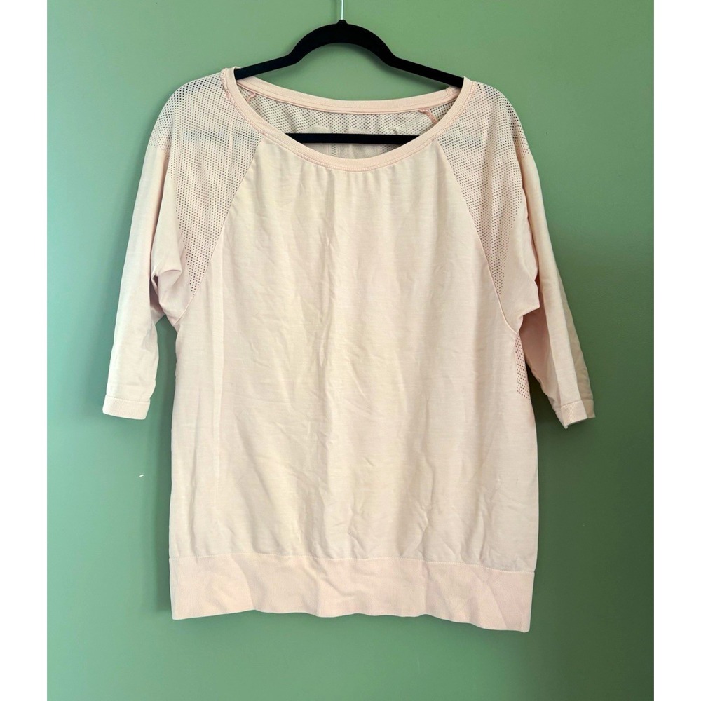 Sweaty Betty Dharana Yoga Top Women's Pink Knit Crew Neck 3/4 Sleeve Logo Size L